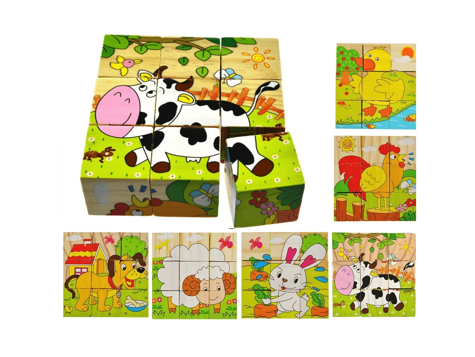 Klocki drewniane 6w1 edukacyjne puzzle układanka logiczna dla dzieci farma